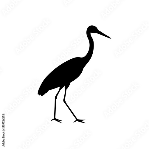 Clean Vector Art of a Walking Stork Showcased as a Black Silhouette from the Side