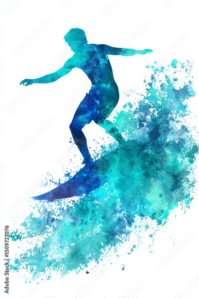 Naklejka premium colorful watercolor silhouette of a surfer catching a wave, blue and turquoise splash over white canvas