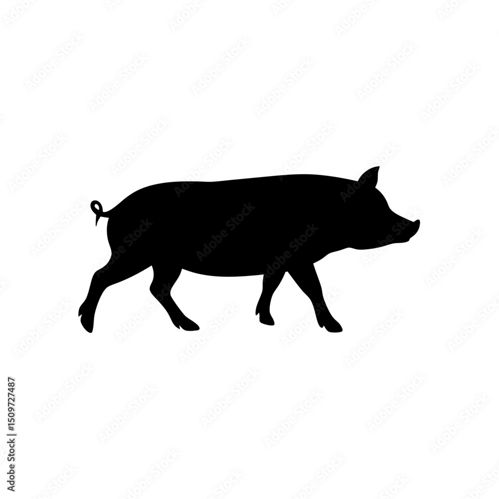 Fototapeta premium Detailed Side View of a Trotting Pig Rendered as a Black Silhouette Vector Graphic