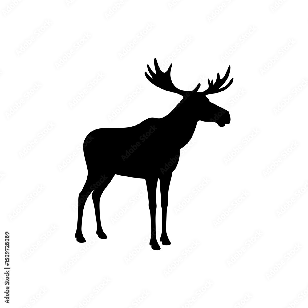Fototapeta premium Simple Side View of a Moose Standing Black Silhouette Vector Clip Art Illustration