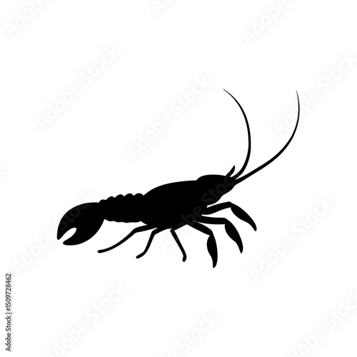 Simple Side View of a Lobster Crawling Black Silhouette Vector Clip Art Illustration
