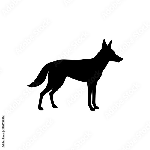 Focused Side View of a Jackal Stalking Black Silhouette Vector Clip Art Illustration