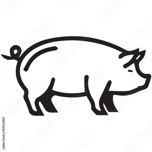 Outlined pig figure stocky body curly tail and small trotters on a white background