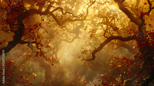 Golden tree branches intertwine against a textured background.