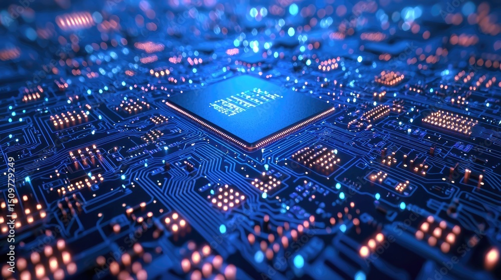 Fototapeta premium Close-up view of a complex electronic circuit board with a central microprocessor.