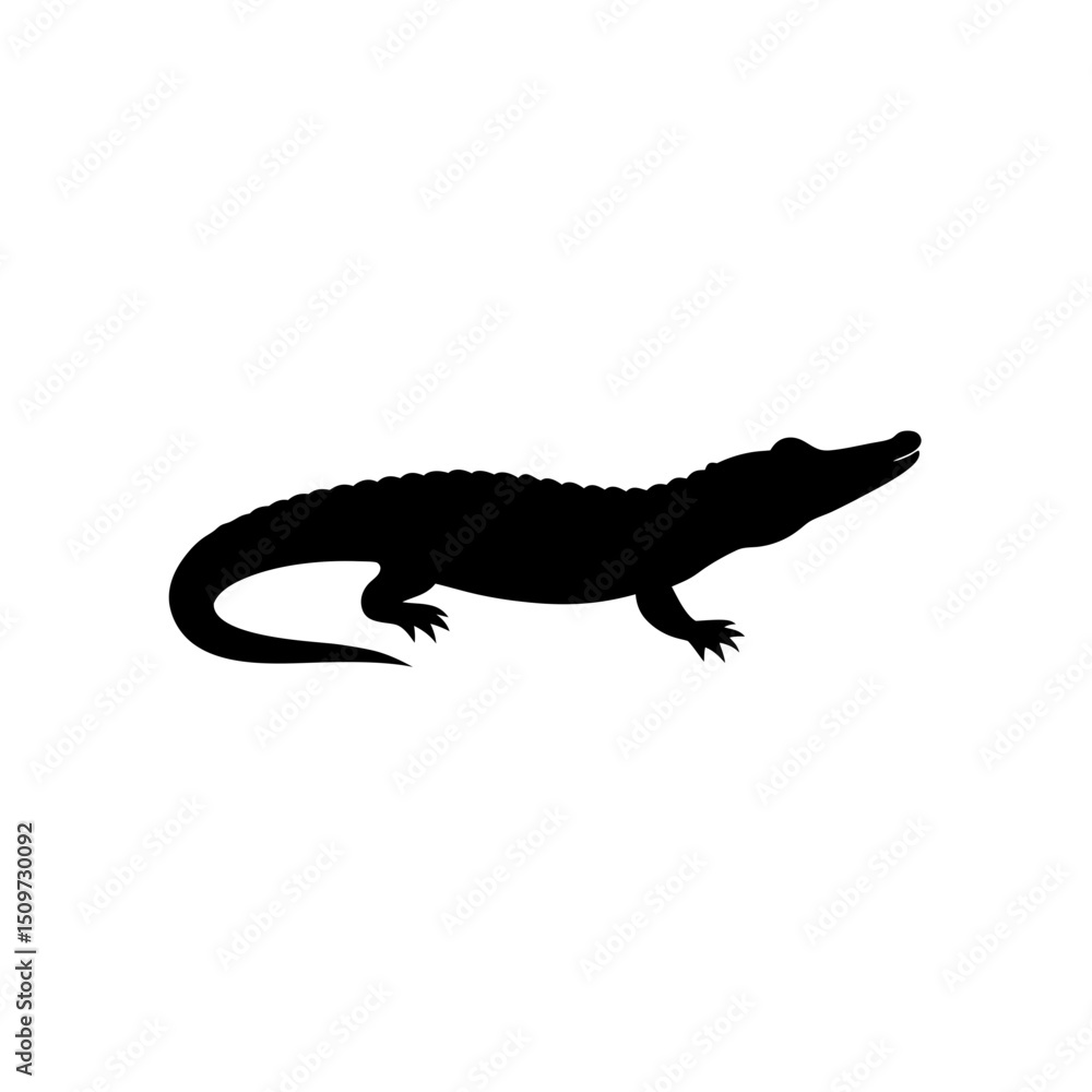 Fototapeta premium Black Silhouette Of a Side View Crocodile Crawling Near Water vector illustration