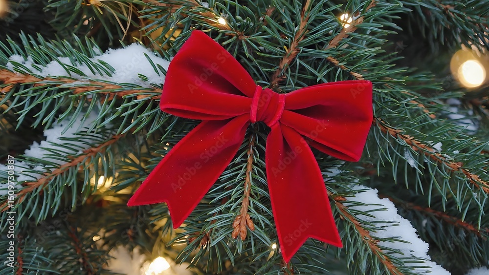 Red Velvet Bow on a Snowy Christmas Tree Red Velvet Bow on a Snowy Christmas Tree
