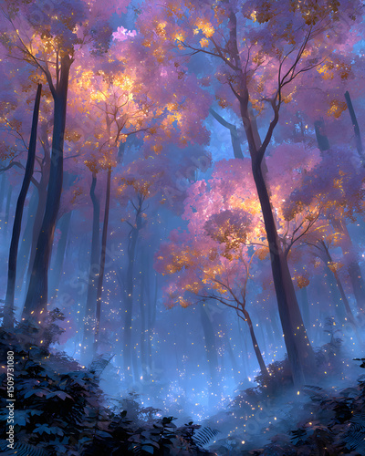Serene forest with vibrant pink trees and a mystical atmosphere.