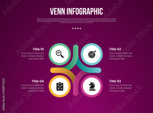venn diagram infographic with circle and round rectangle connection with matrix structure with 4 point dark background style for slide presentation