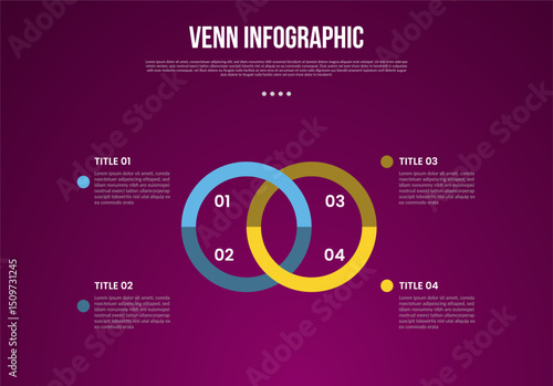 venn diagram infographic with big outline circle chained with 4 point dark background style for slide presentation
