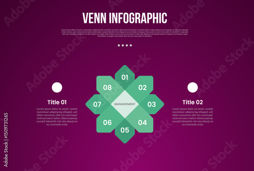 venn diagram infographic with 8 point flower shape spreading with 2 main point dark background style for slide presentation