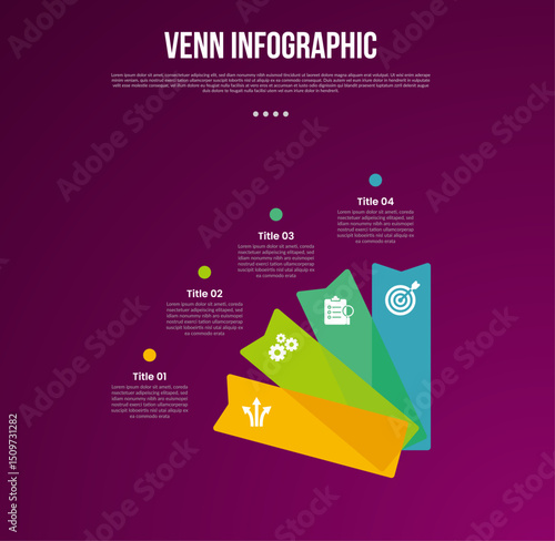 venn diagram infographic with quarter circle with arrow edge reverse with 4 point dark background style for slide presentation