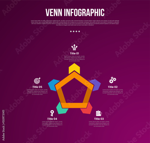 venn diagram infographic with pentagon shape structure with arrow spreading all direction with 5 point dark background style for slide presentation