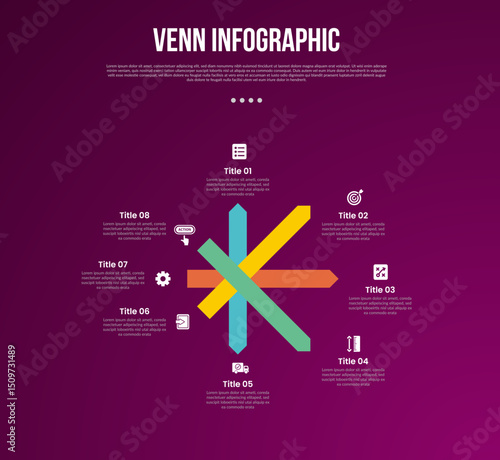 venn diagram infographic with with 8 point dark background style for slide presentation