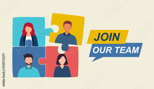 Join our team concept. People profile image in puzzle jigsaw recruitment hiring banner.