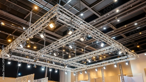 Metal truss system with lighting fixtures in an exhibition hall.