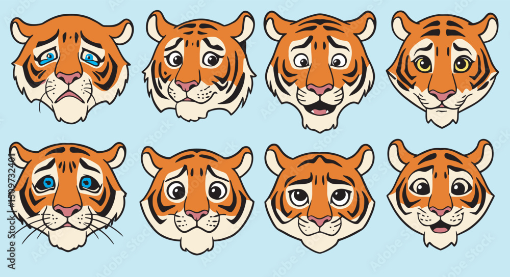 Fototapeta premium Tiger face expressions vector mascot sheet. 