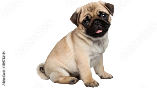 Photography A tan pug puppy sitting with its head tilted isolated on transparent background