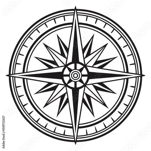 Vintage Nautical Compass Rose Illustration in Black and White | Detailed Retro Design
