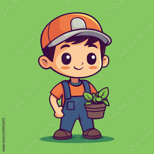 Cheerful Cartoon Boy Gardener Holding a Plant