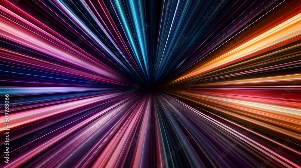 Fototapeta premium The image contains abstract art depicting numerous radiating lines emanating from a central dark point, showcasing a spectrum of vibrant colors ranging from deep purples and blues to warm oranges and