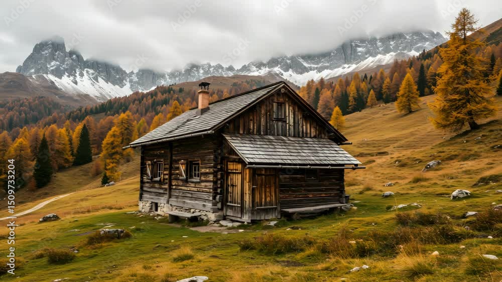 Rustic Wooden Cabin Amidst Autumnal Mountain Scenery Under Cloudy Sky Rustic Wooden Cabin Amidst Autumnal Mountain Scenery Under Cloudy Sky