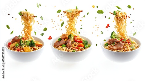 Three white bowls of instant noodles, each with a different mix of vegetables and protein, and noodles suspended in mid-air above them