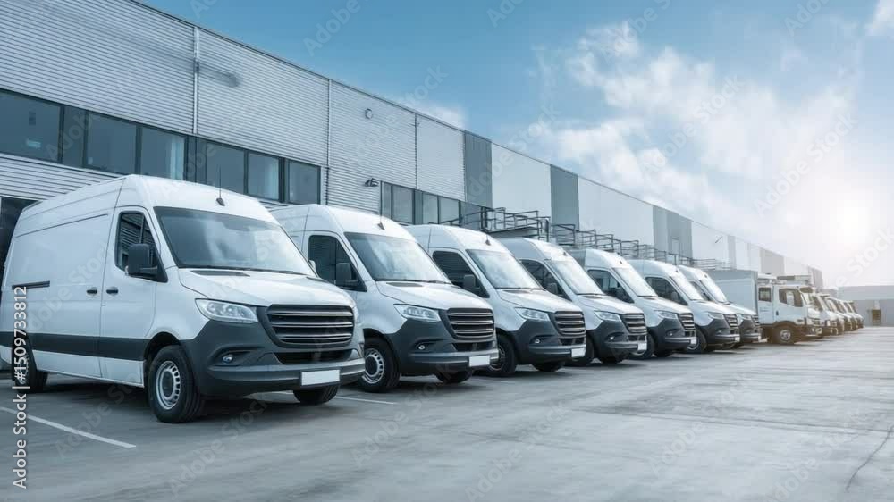 Fleet of Delivery Vans at Distribution Center: A well-organized fleet of modern delivery vans is parked in front of a large warehouse. The vans, pristine and ready, represent efficiency and logistics. Fleet of Delivery Vans at Distribution Center: A well-organized fleet of modern delivery vans is parked in front of a large warehouse. The vans, pristine and ready, represent efficiency and logistics.