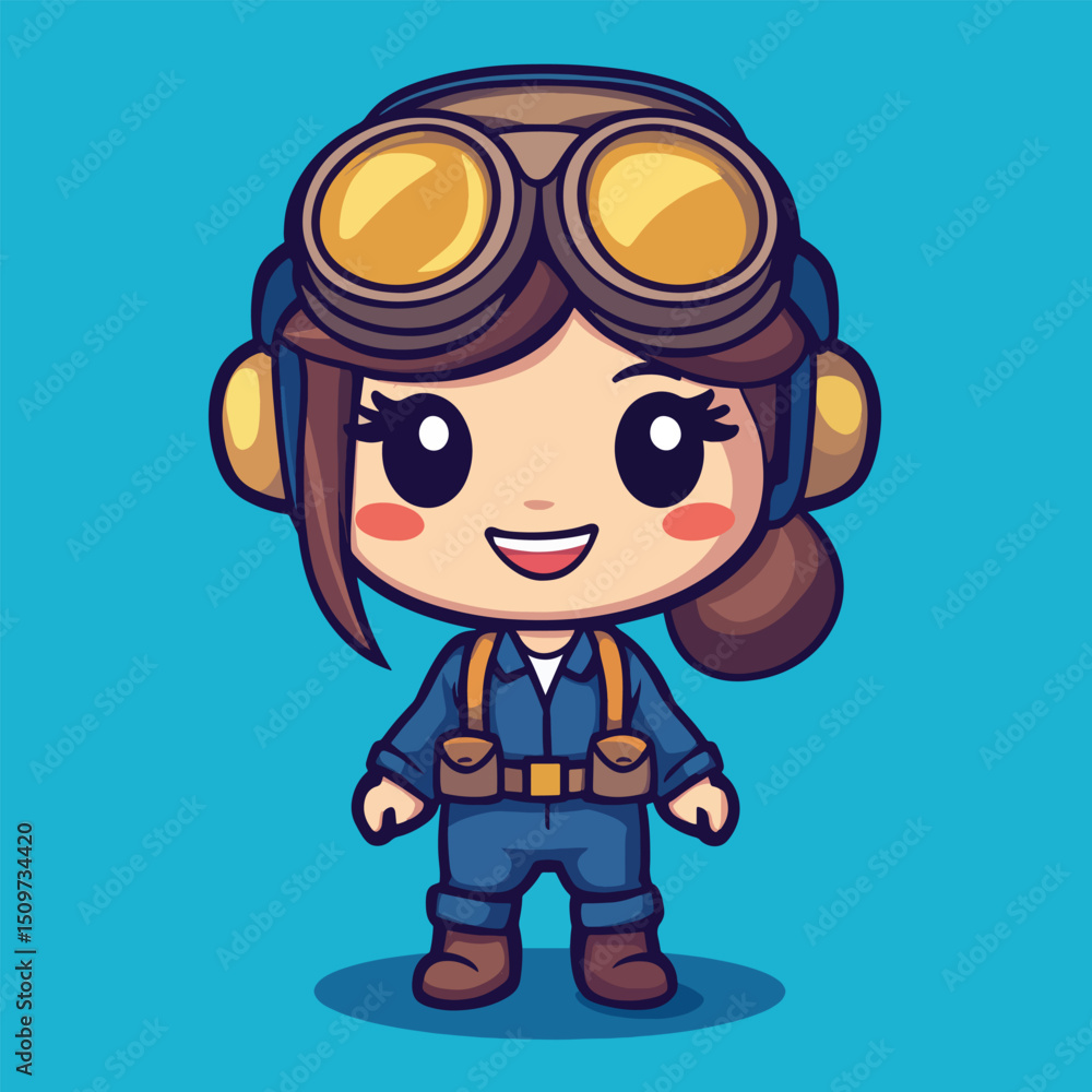 Cheerful Anime Girl Pilot in Retro Goggles and Jumpsuit Cheerful Anime Girl Pilot in Retro Goggles and Jumpsuit