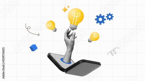 halftone collage, hands coming out of laptop screen to hold light bulb, innovation, technology ideas, digital solutions and online brainstorming, startups and business development