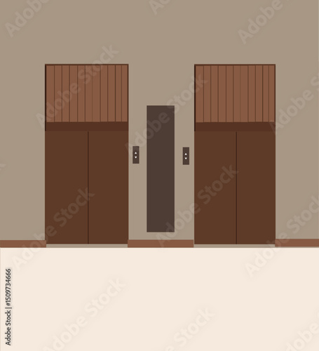 Building hall interior.Lift doors, service and cargo closed elevators. 
