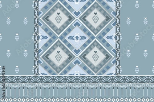 Elegant ethnic pattern featuring geometric shapes and floral motifs in shades of blue and gray, perfect for textiles or wallpapers