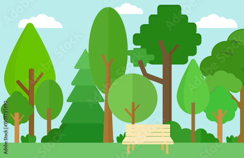 Vibrant landscape featuring various trees, including coniferous and deciduous types, with wooden bench in serene park setting