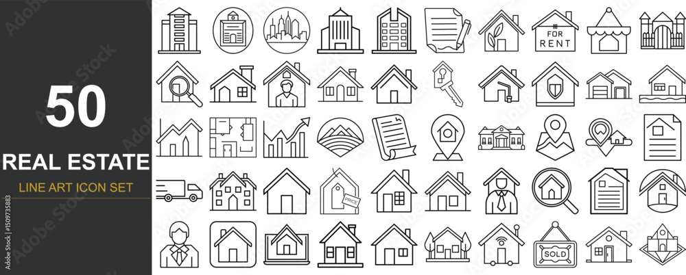 50 Minimal Line Art Vector Icons Featuring Real Estate and Property Concepts Including Homes, Apartments, Agents, Listings, Contracts, and Investment Tools for Web, Mobile, and Marketing Use 50 Minimal Line Art Vector Icons Featuring Real Estate and Property Concepts Including Homes, Apartments, Agents, Listings, Contracts, and Investment Tools for Web, Mobile, and Marketing Use