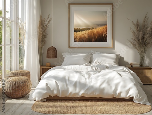 Bedroom mockup with white bedspread wooden furniture and landscape painting

