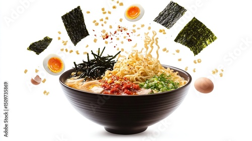 Bowl of ramen with ingredients flying