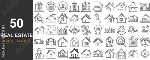 50 Minimal Line Art Vector Icons Featuring Real Estate and Property Concepts Including Homes, Apartments, Agents, Listings, Contracts, and Investment Tools for Web, Mobile, and Marketing Use