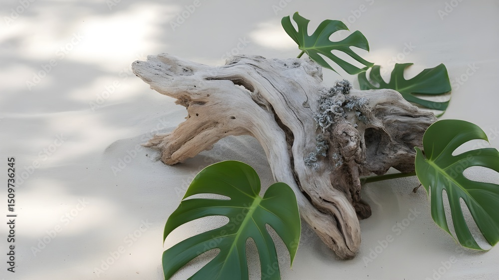 Fototapeta premium Tropical Flat Lay Featuring Driftwood and Monstera Leaves