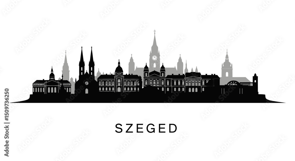 Fototapeta premium Szeged Hungary Skyline Black Silhouette Vector.