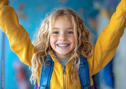 Happy child with arms raised