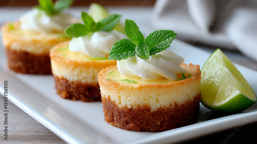 Mini key lime pies decorated with whipped cream and fresh mint leaves Mini key lime pies decorated with whipped cream and fresh mint leaves