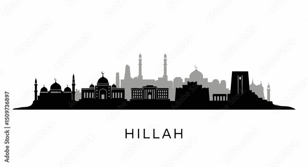 Fototapeta premium Hillah with Iraq Skyline Silhouette, and Black and White.