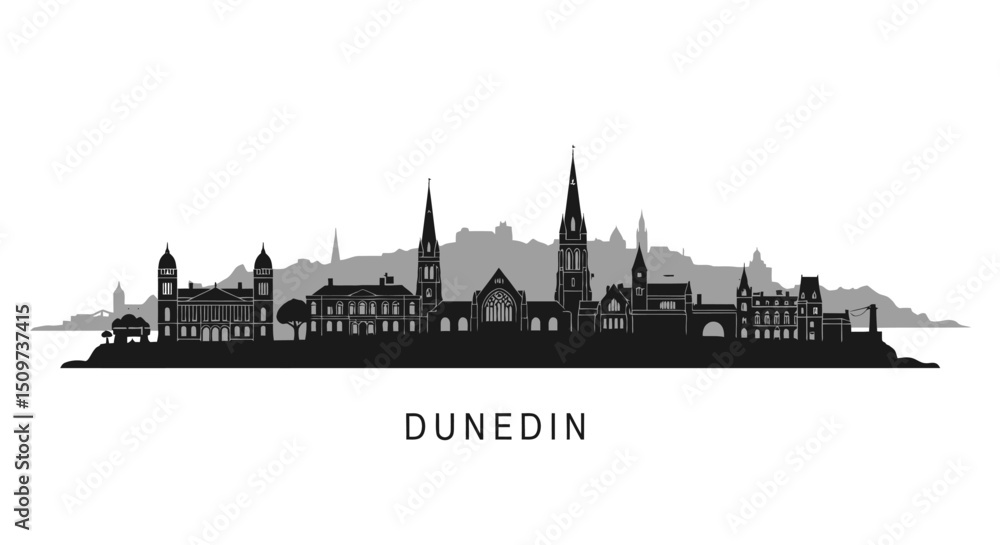 Obraz premium Dunedin Skyline with New Zealand, Cityscape, and Silhouette.