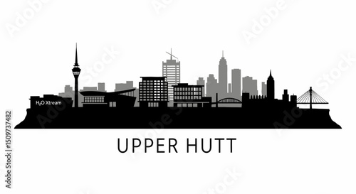 Upper Hutt Skyline with New Zealand, and Black Silhouette.