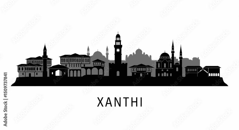 Obraz premium Xanthi Greece Skyline Silhouette with Black and White.