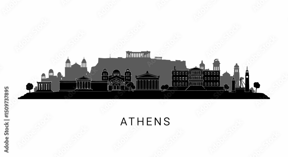 Fototapeta premium Athens Skyline with Greece, Vector, Cityscape, and Silhouette.