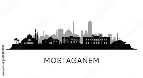 Mostaganem Skyline Silhouette with Algeria, and Cityscape.
