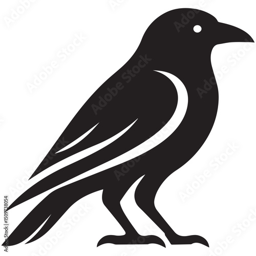 A stylized solid black raven stands with detailed feathers and a white eye