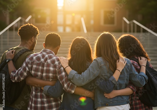 School Friends Supporting Each Other at Sunset. Generative Ai