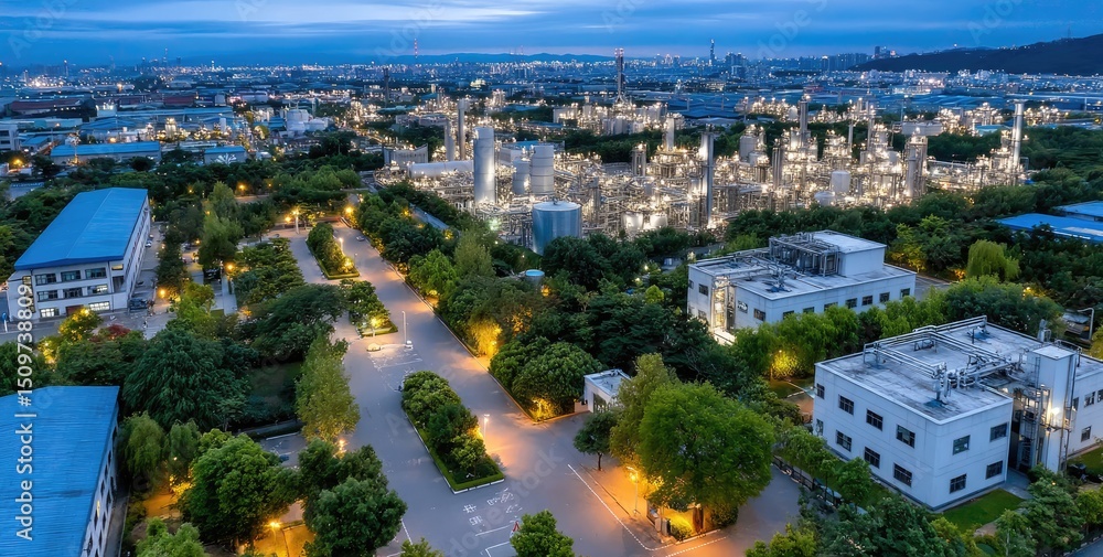 Fototapeta premium Aerial view of an industrial chemical plant at night, illuminated by white lights and surrounded by buildings